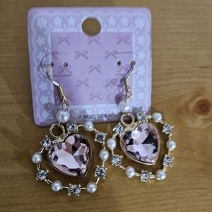Heart Earrings Fashion Gem Pink Ornate Drop NEW Nickel Free